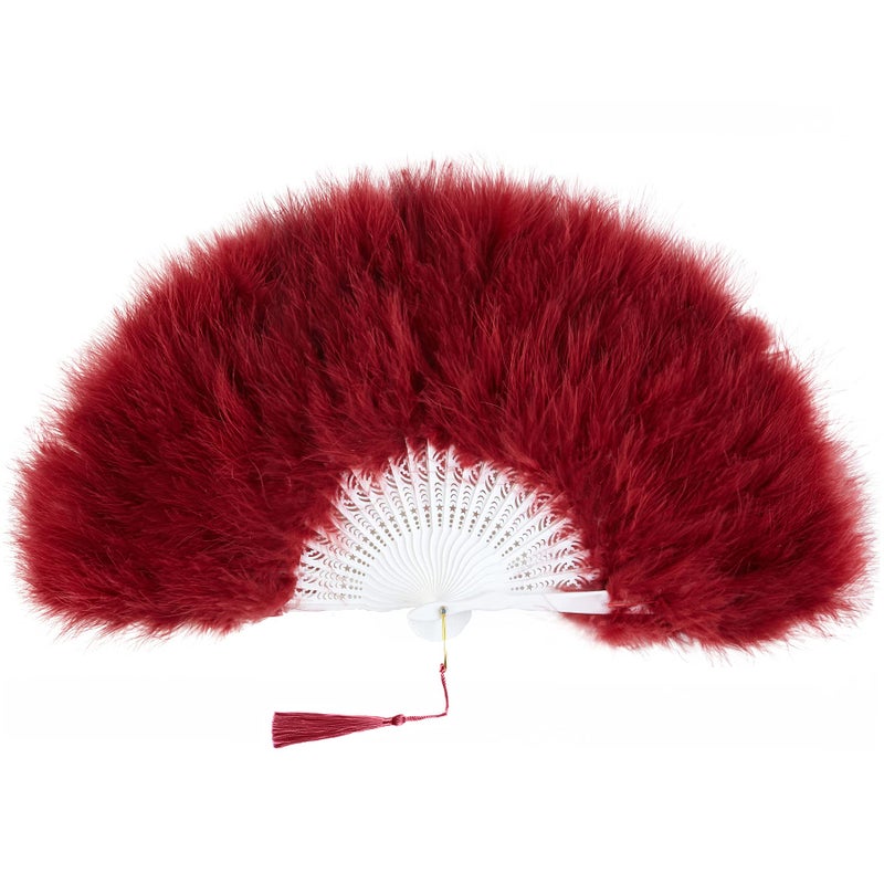 BABEYOND Marabou Feather Fan 20s Vintage Folding Fan Flapper Hand Fan for Costume Dancing Show Tea Party Wedding Decoration (Wine Red) - Image 1